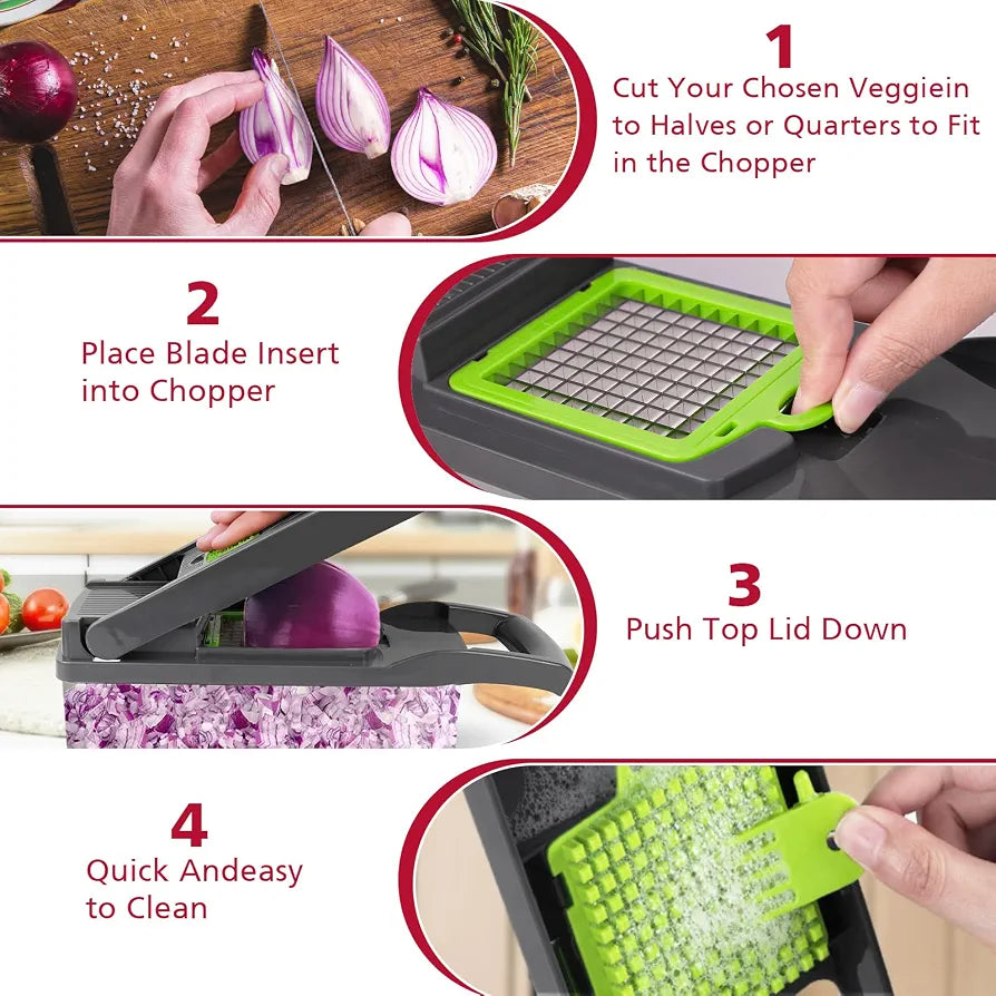 Vegetable Chopper 17 Pcs Set – Manual Onion Chopper, Food Slicer, Dicer, Grater & Potato Cutter With Handle – Multi-Function Kitchen Tool