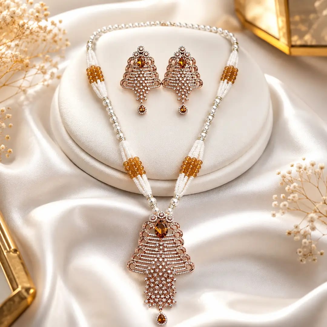 elegant pearl and crystal pendant necklace set