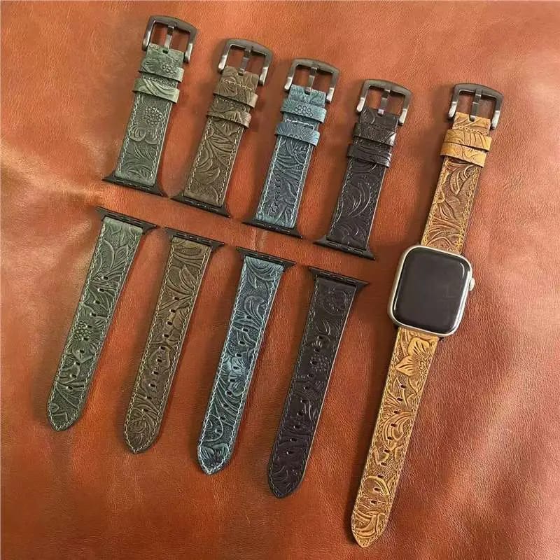 Apple watch strap with Retro crazy horse print genuine leather